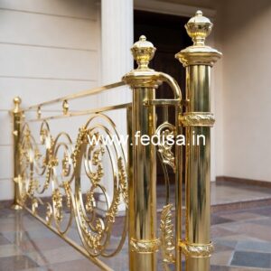 Elegant Brass Staircase Design With Decorative Finish Round Window Design Grill