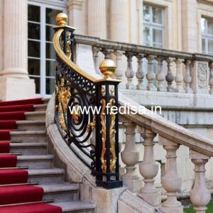 Elegant Brass Staircase Design With Decorative Finish Vertical Grill Design For Balcony