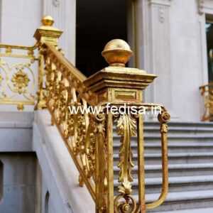 Stylish Brass Staircase Railing With Decorative Finish Wooden Door With Ss Grill