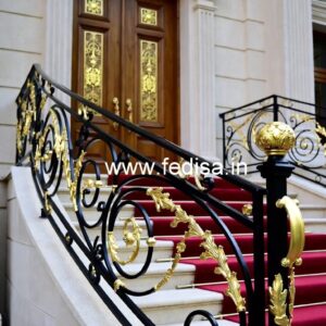 Brass Staircase Railing Design With Glass Panels Front Steel Grill