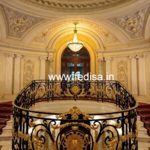 Antique Brass Staircase Railing With Classic Finish Grill Design On Wall
