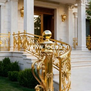 Elegant Brass Stair Railing With Classic Finish Half Grill Door Design