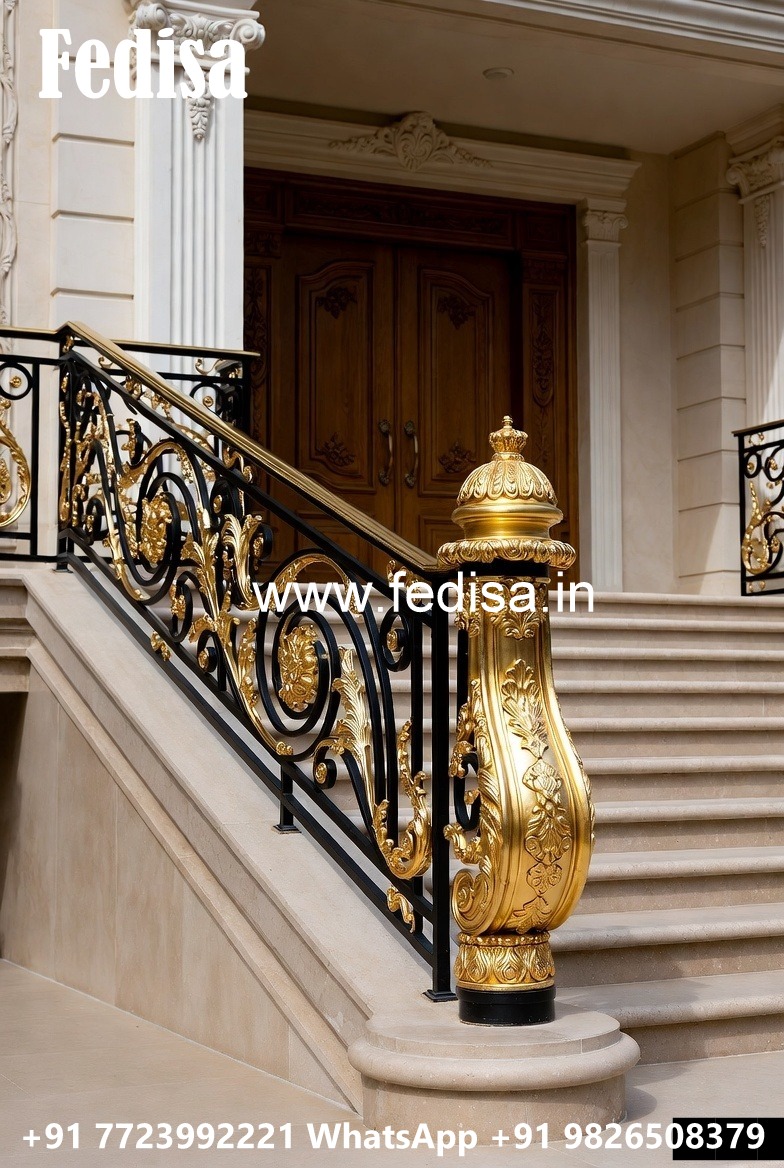 Modern Brass Railing Design For Staircase Front Side Window Grill Design