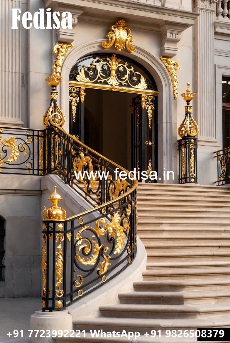 Designer Brass Stair Railing With Artistic Work Modern Grill Design Window