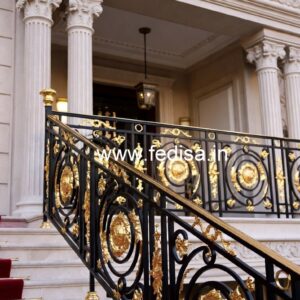 Modern Brass Balcony Railing With Sleek Finish Staircase Column Design