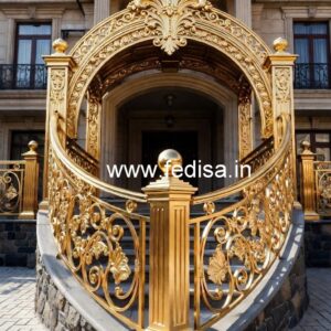 Traditional Brass Railing Design With Carving Work Dual Staircase House Plans