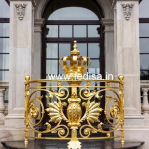 Designer Brass Stair Railing With Artistic Work Partition Of Stairs In Living Room