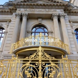 Brass Balcony Railing With Decorative Pattern Floating Stairs Outside