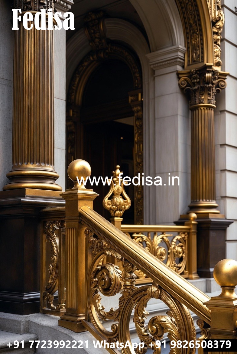 Designer Brass Stair Railing With Artistic Work Modern Balcony Railing Design